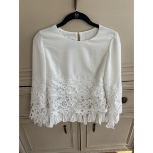 Edward Achour Paris White Blouse Lace Pleated Trim Feminine Bridal Beautiful Sm